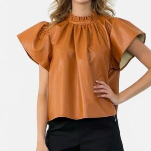 THML FAUX LEATHER CARAMEL FLUTTER TOP Size xs Like New!